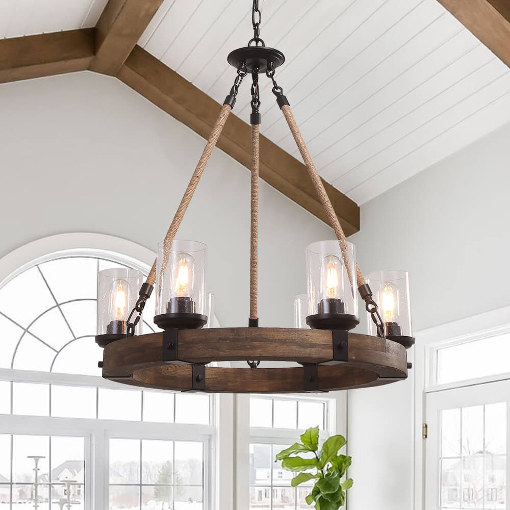 6-Light Wood Wagon Wheel Chandelier Modern Farmhouse
