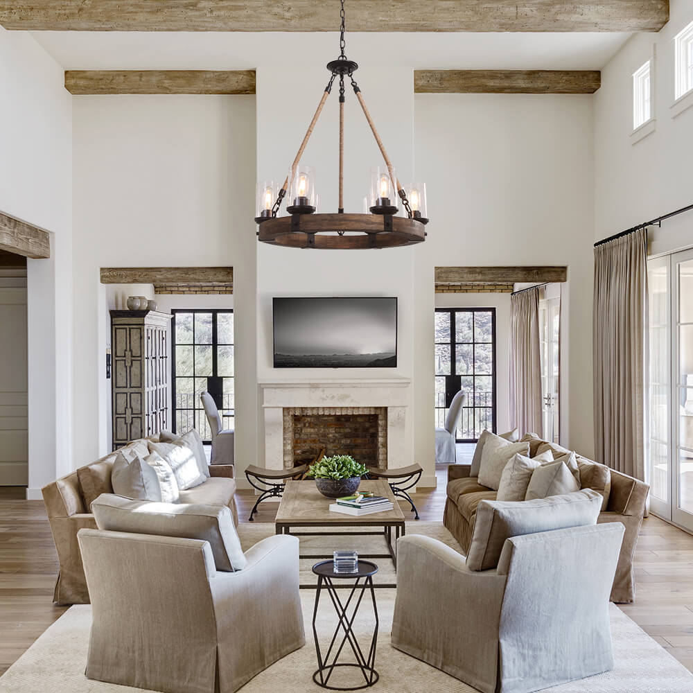 6-Light Wood Wagon Wheel Chandelier Modern Farmhouse