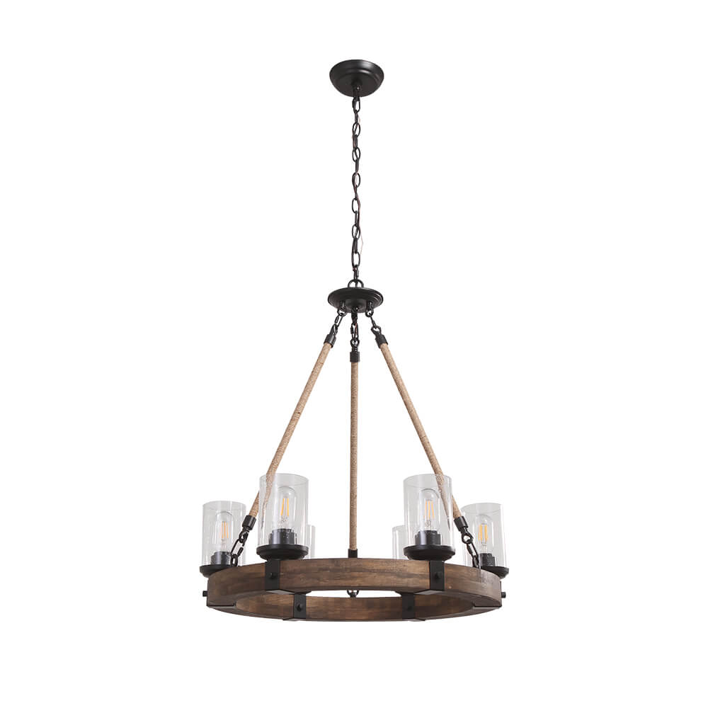6-Light Wood Wagon Wheel Chandelier Modern Farmhouse