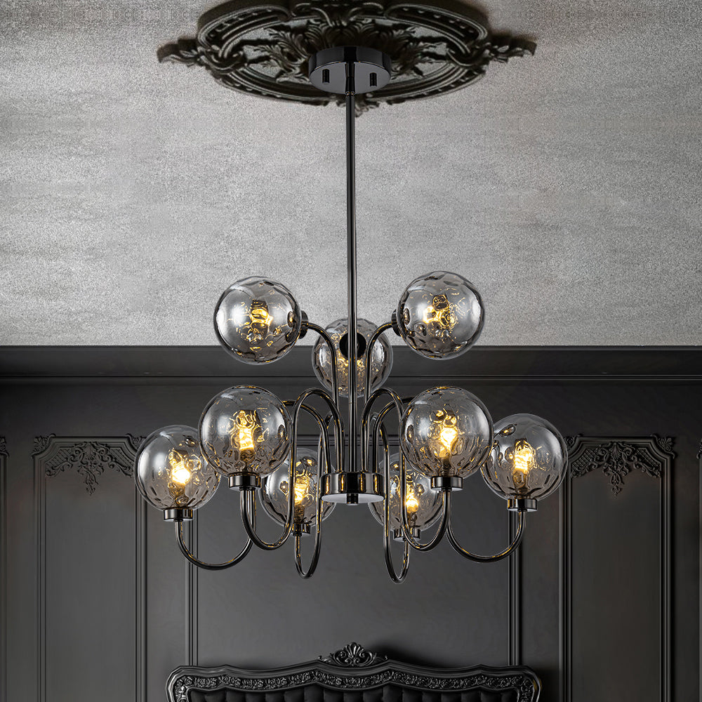 9-Light Hammered Smoked Glass Bubble Black Sputnik Chandelier