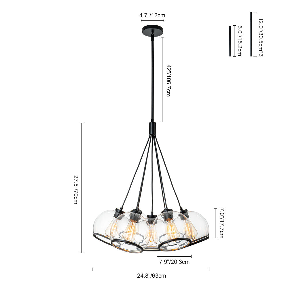 Black 7-Light Cluster Clear Glass Globe Chandelier