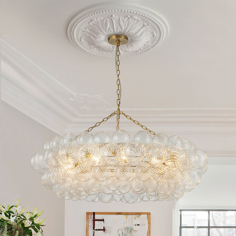Brass Halo Ribbed Glass Globe Bubble Ring Chandelier