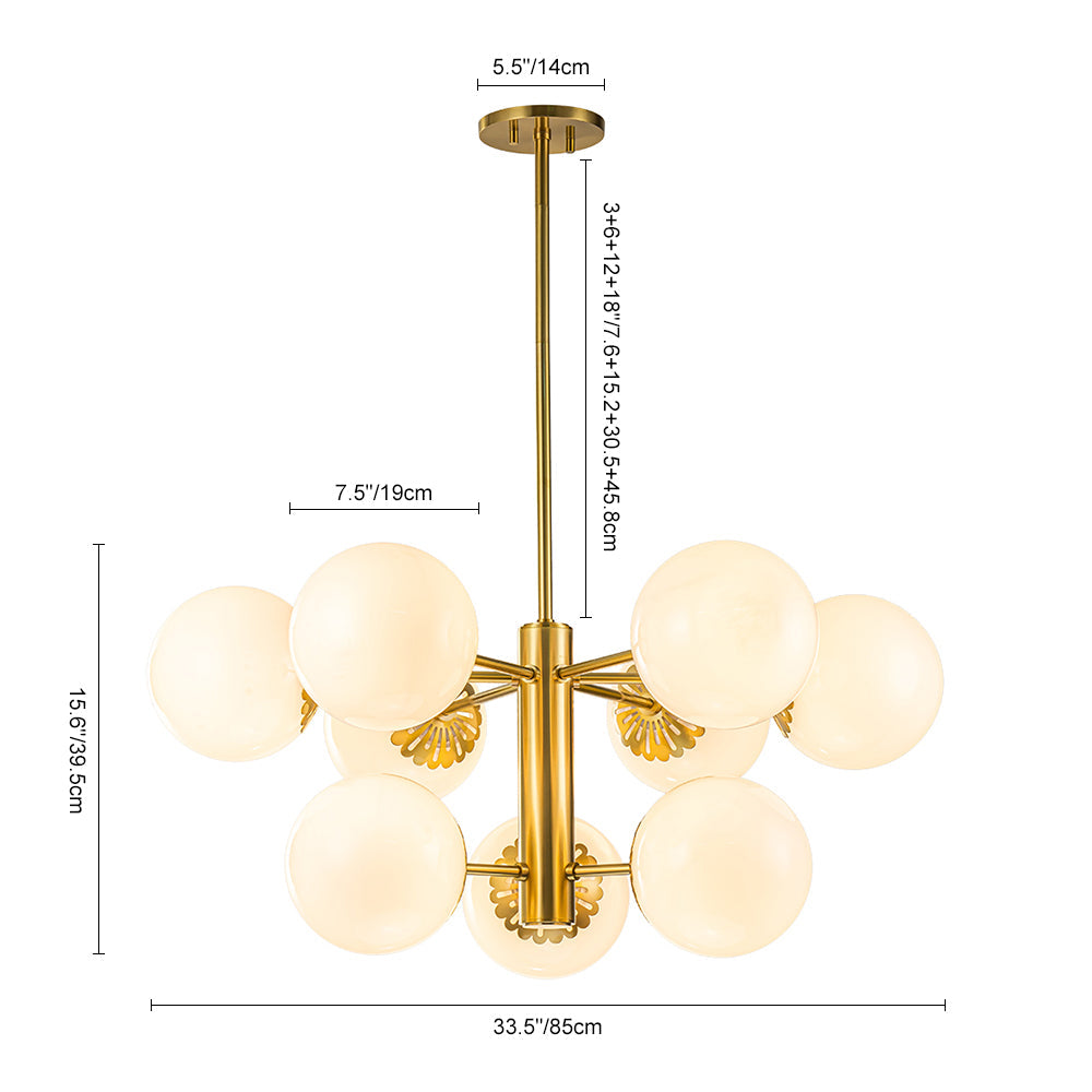 Brass Daisy Tiered Opal Glass Globe Sputnik Chandelier