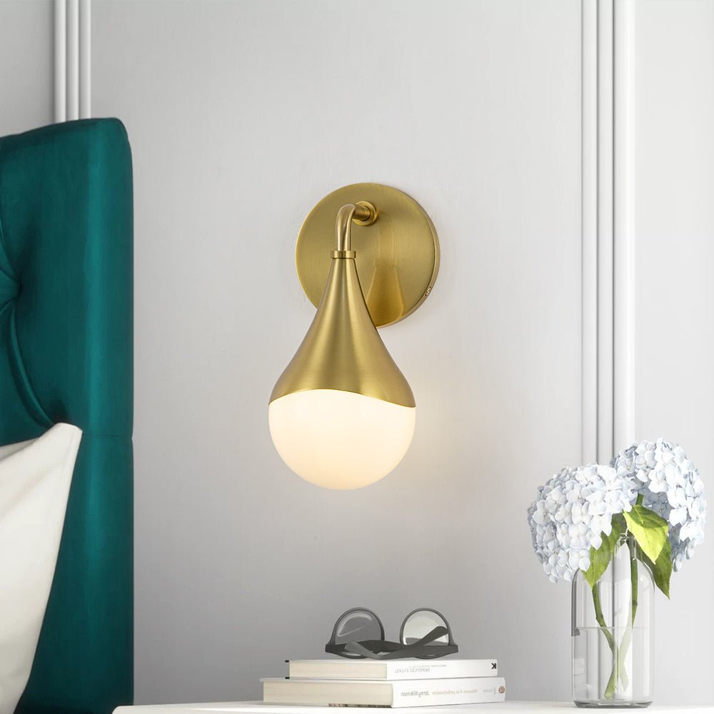 1-Light Aged Brass Teardrop Frosted Glass Wall Lamp
