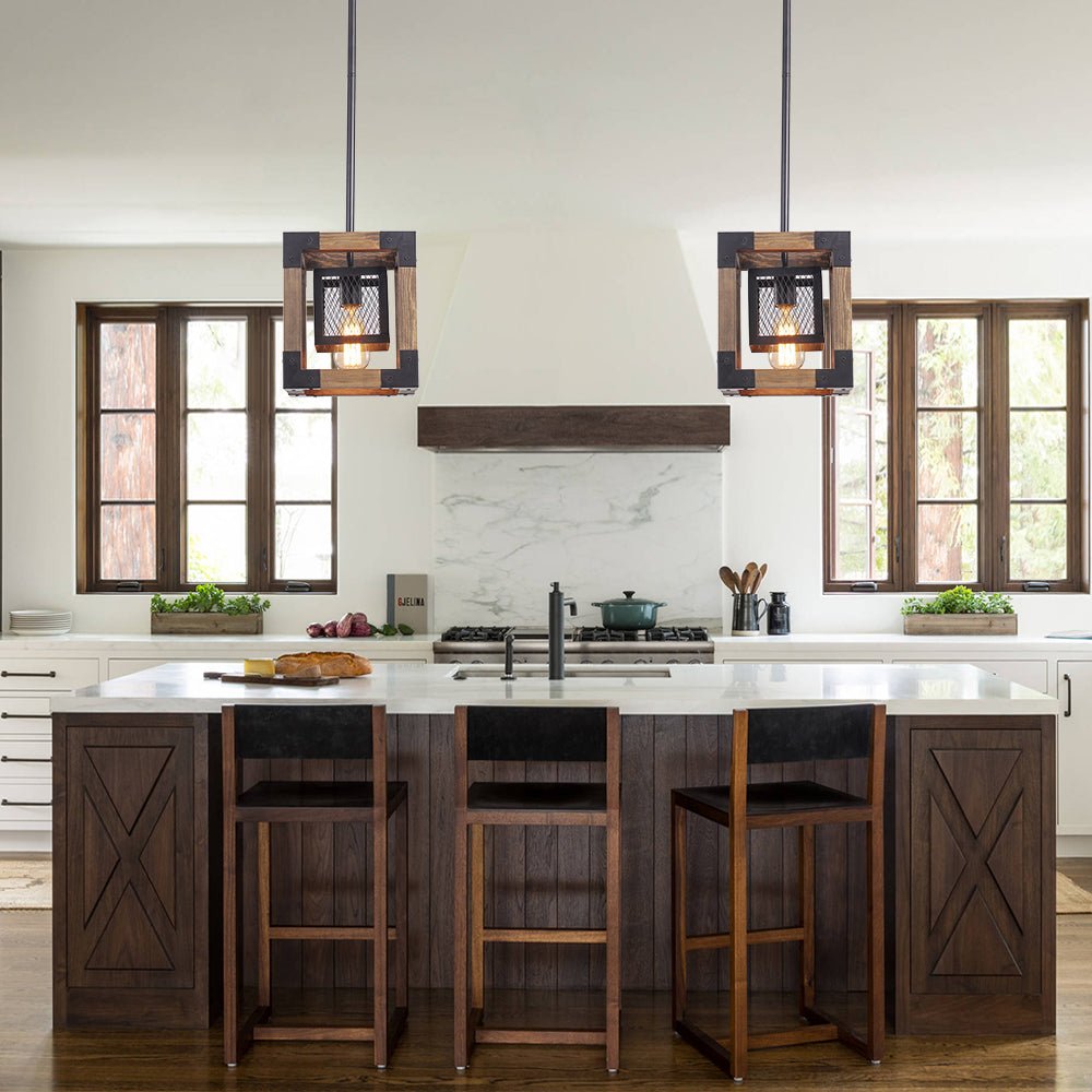 1-Light Square Wood Pendant Light