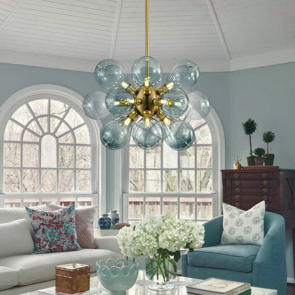 18-Light Cluster Gradual Blue Glass Globe Bubble Chandelier