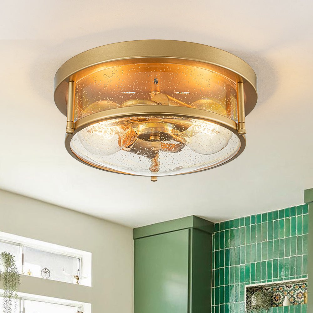 2-Light Seeded Glass Round Flush Mount Ceiling Light