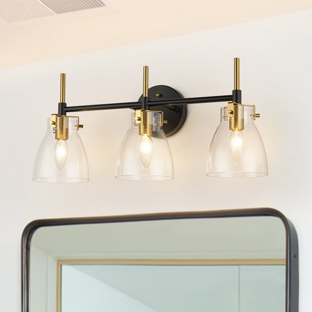 3-Light Black Brass Bell Glass Shade Vanity Wall Lamp
