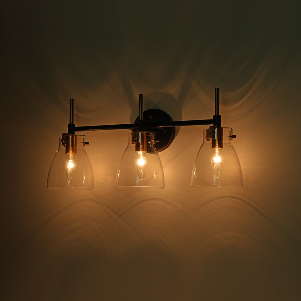 3-Light Black Brass Bell Glass Shade Vanity Wall Lamp