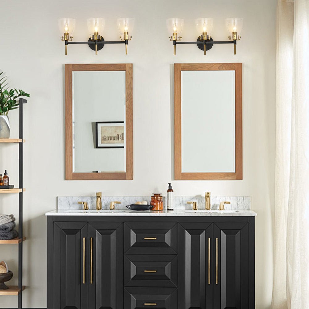 3-Light Black Brass Bell Glass Shade Vanity Wall Lamp