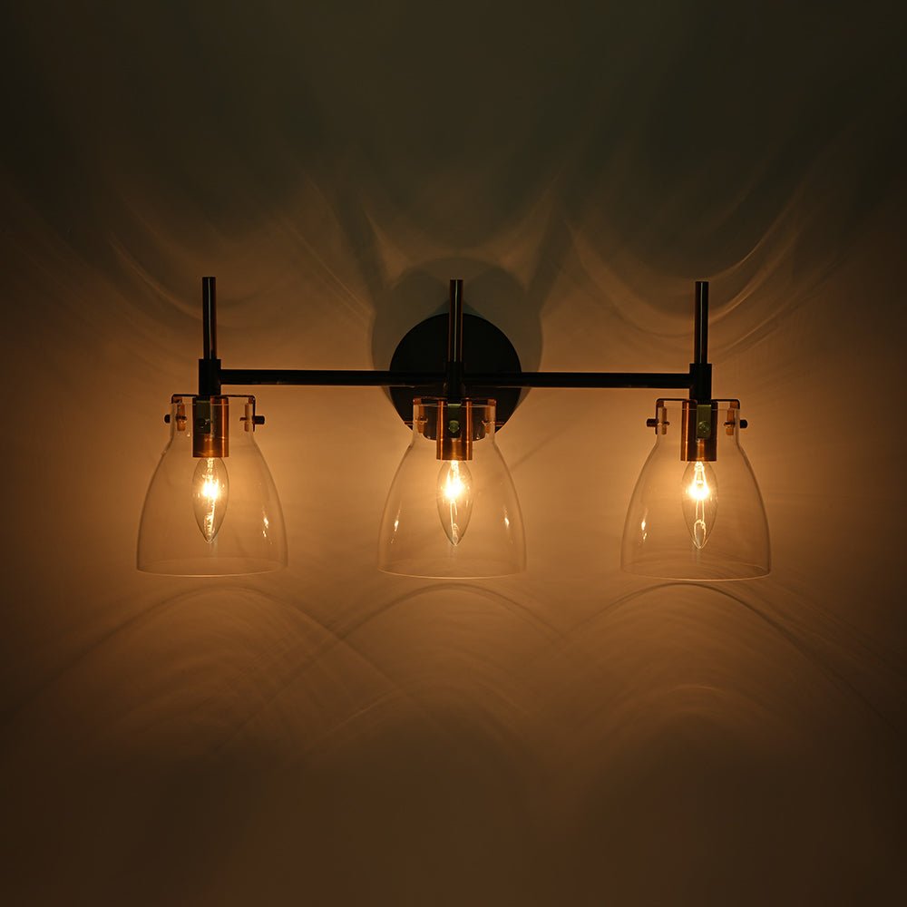 3-Light Black Brass Bell Glass Shade Vanity Wall Lamp