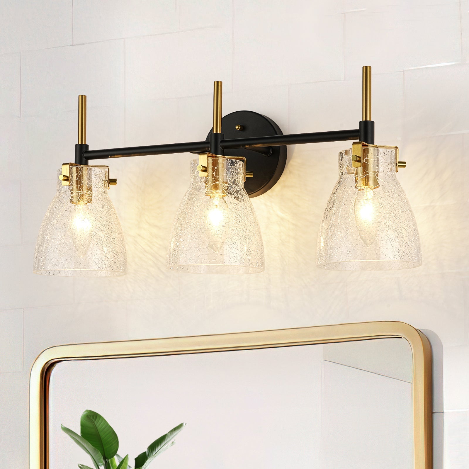 3-Light Black Brass Bell Glass Shade Vanity Wall Lamp