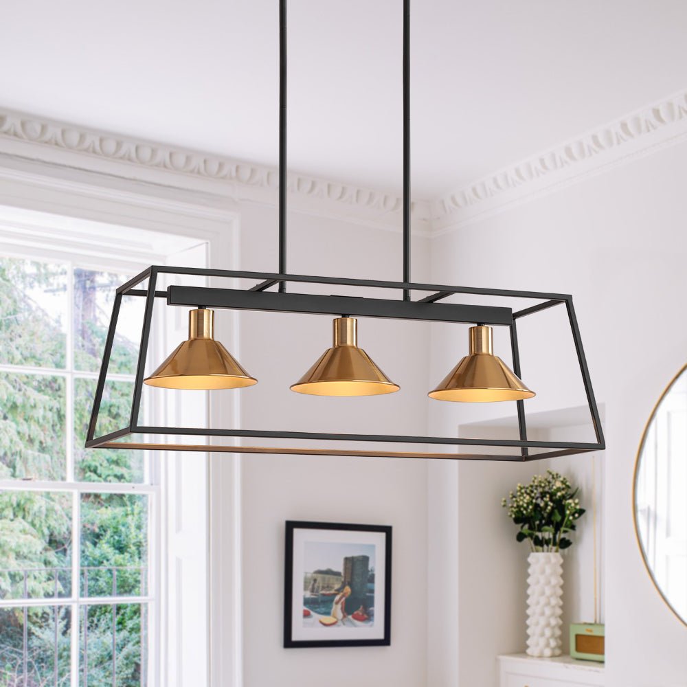 3-Light Black Brass Rectangle Cage Island Chandelier