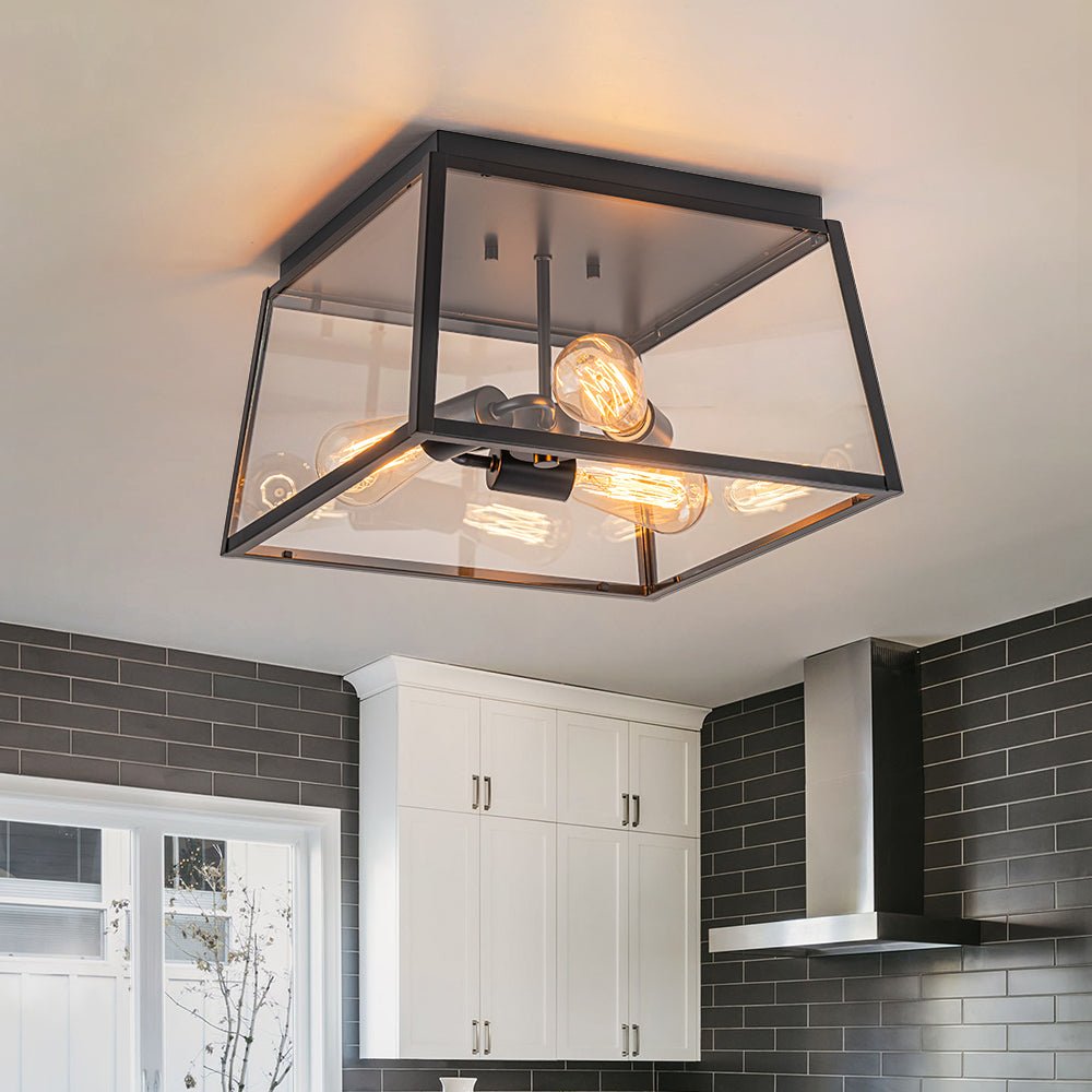3-Light Black Square Box Clear Glass Cage Ceiling Light