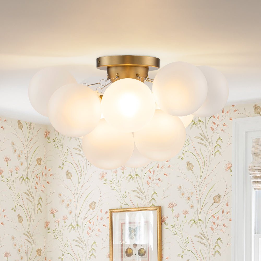 3-Light Brass Cluster Frosted Glass Globe Bubble Ceiling Light