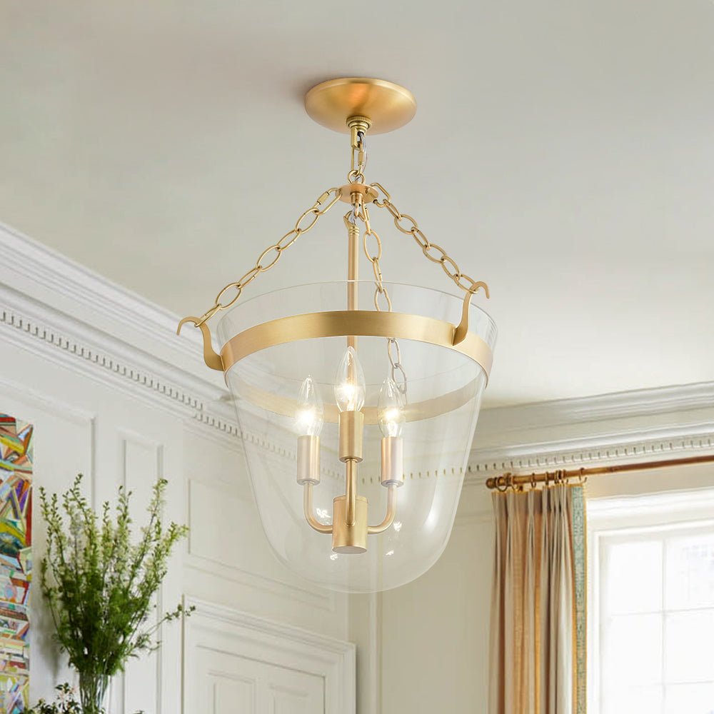 3-Light Clear Glass Bell Jar Lantern Pendant / Semi Flush