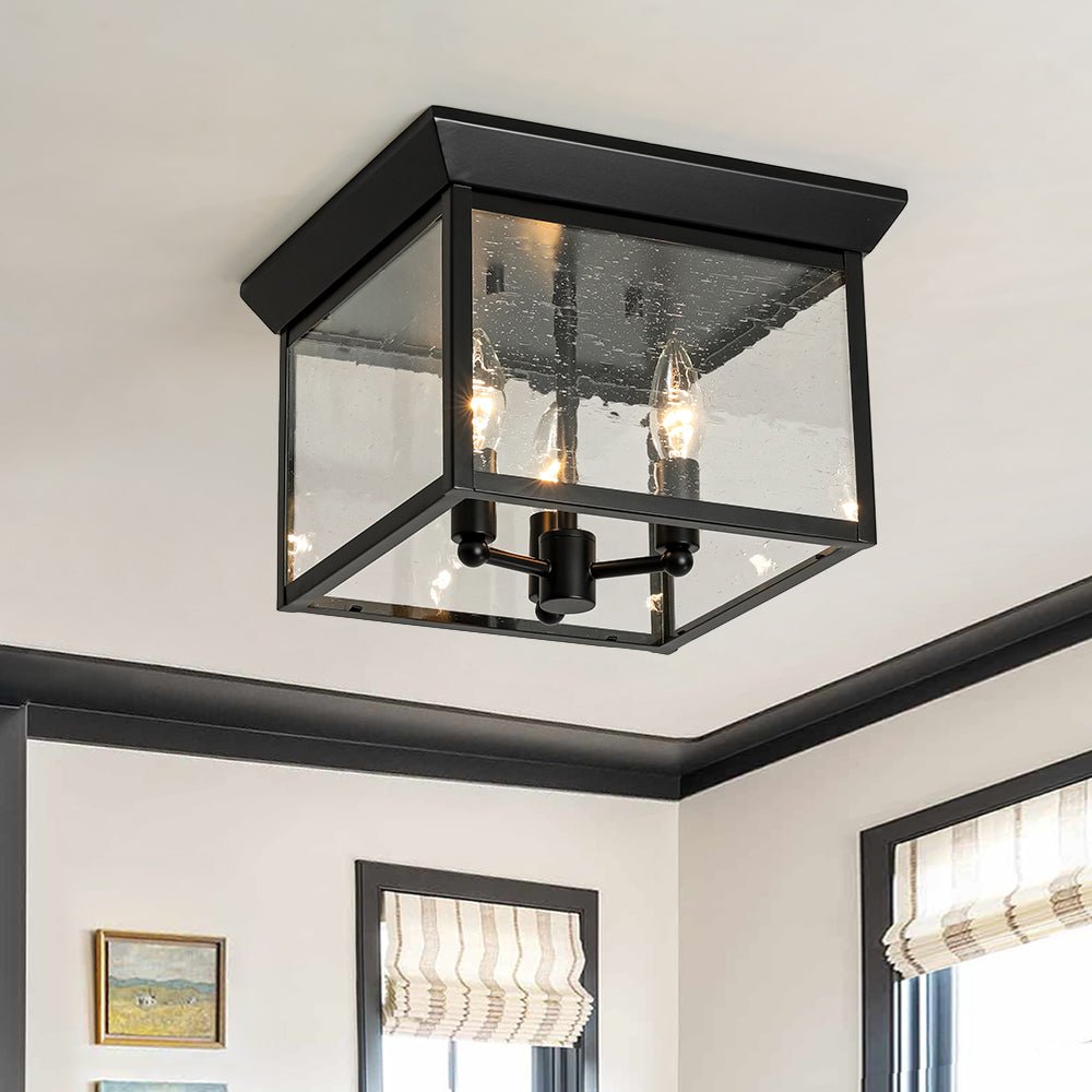 3-Light Clear Seeded Glass Black Square Cage Ceiling Light