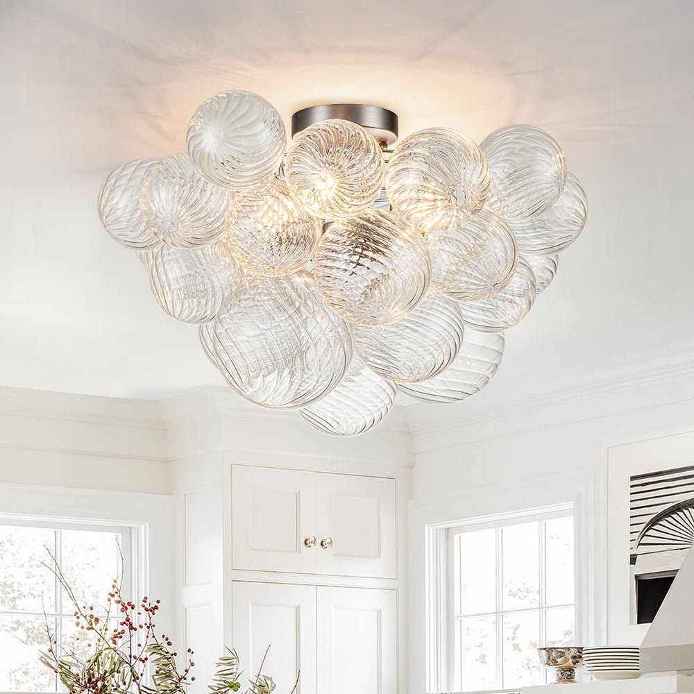 3-Light Cluster Ribbed Glass Bubble Semi Flush Chandelier