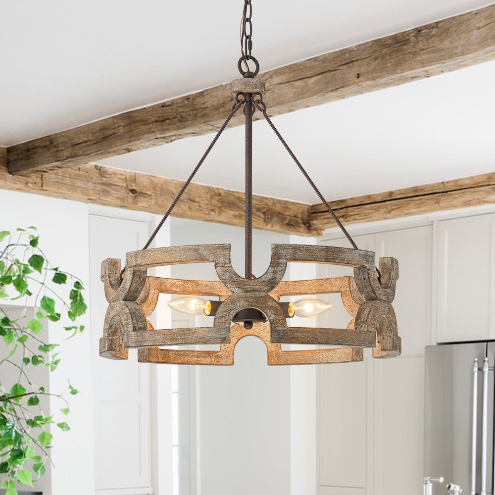 3-Light Farmhouse Open Aged Wood Drum Pendant Light