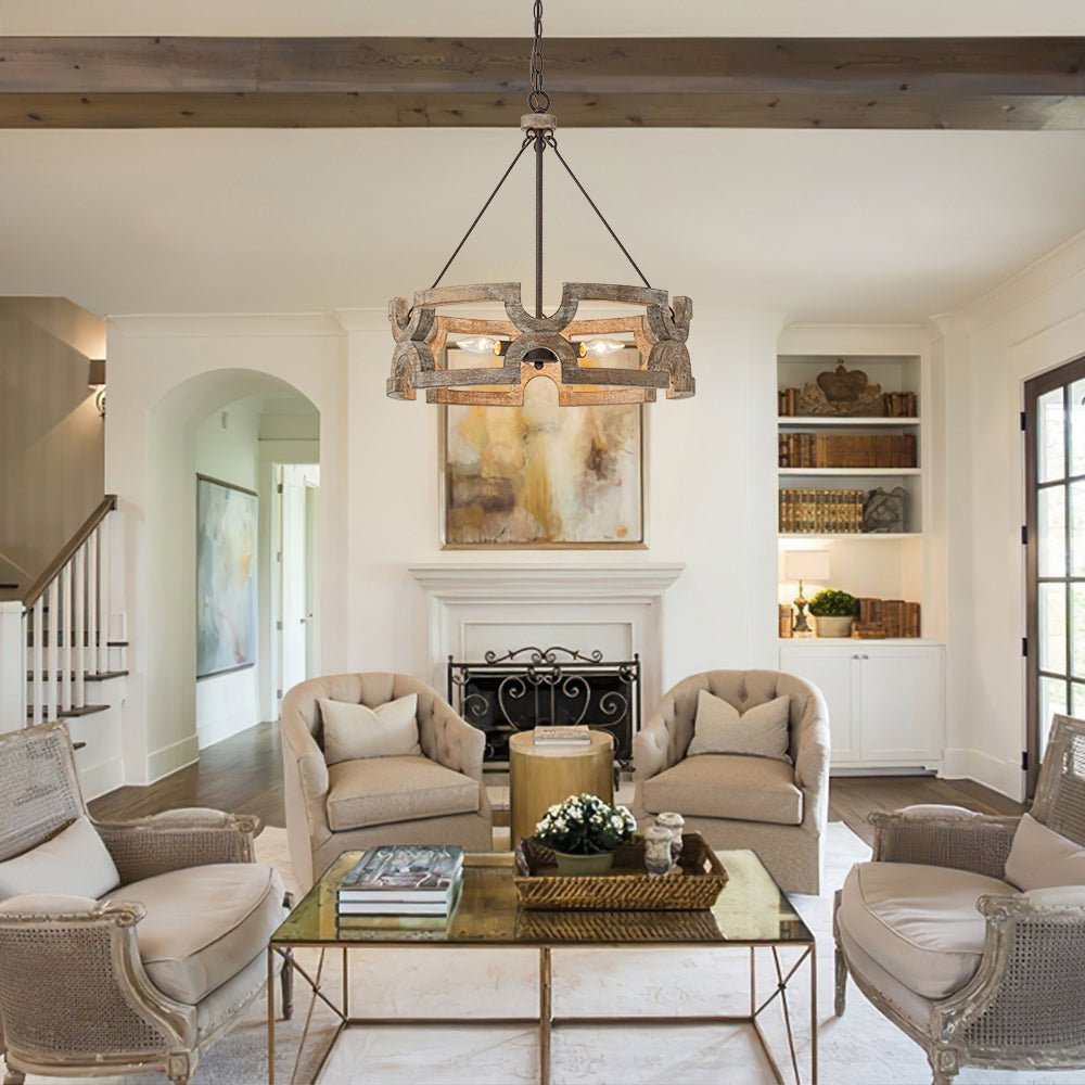 3-Light Farmhouse Open Aged Wood Drum Pendant Light