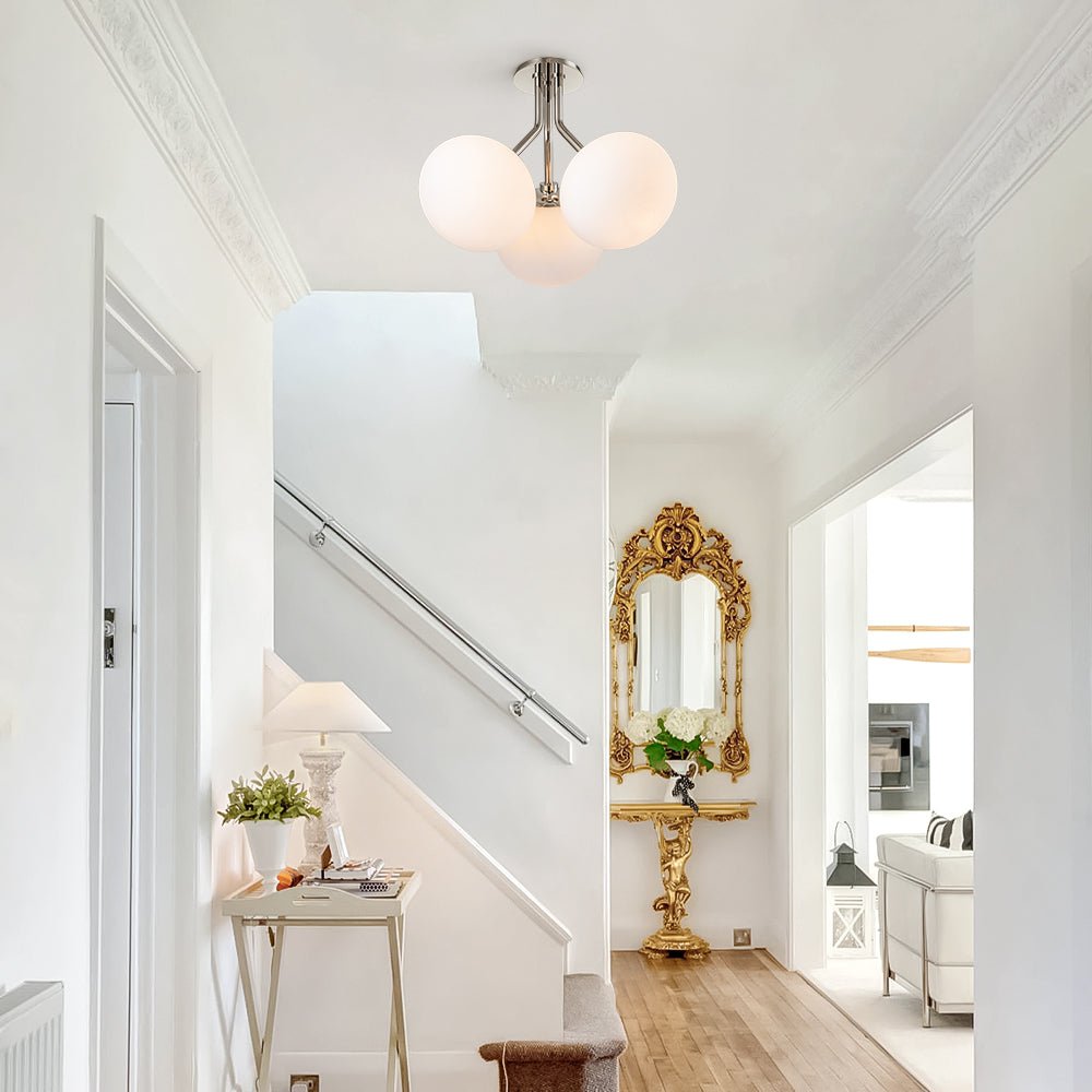 3-Light Opal Glass Sphere Semi Flush Mount Light