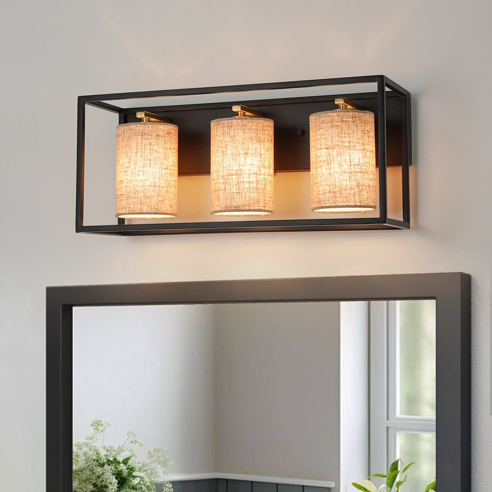 3-light Rectangular Black Frame Linen Wall Sconce