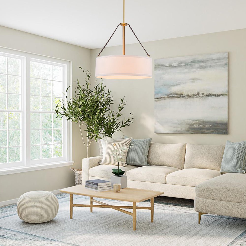 4-Light Brass White Linen Wide Drum Cage Pendant Light