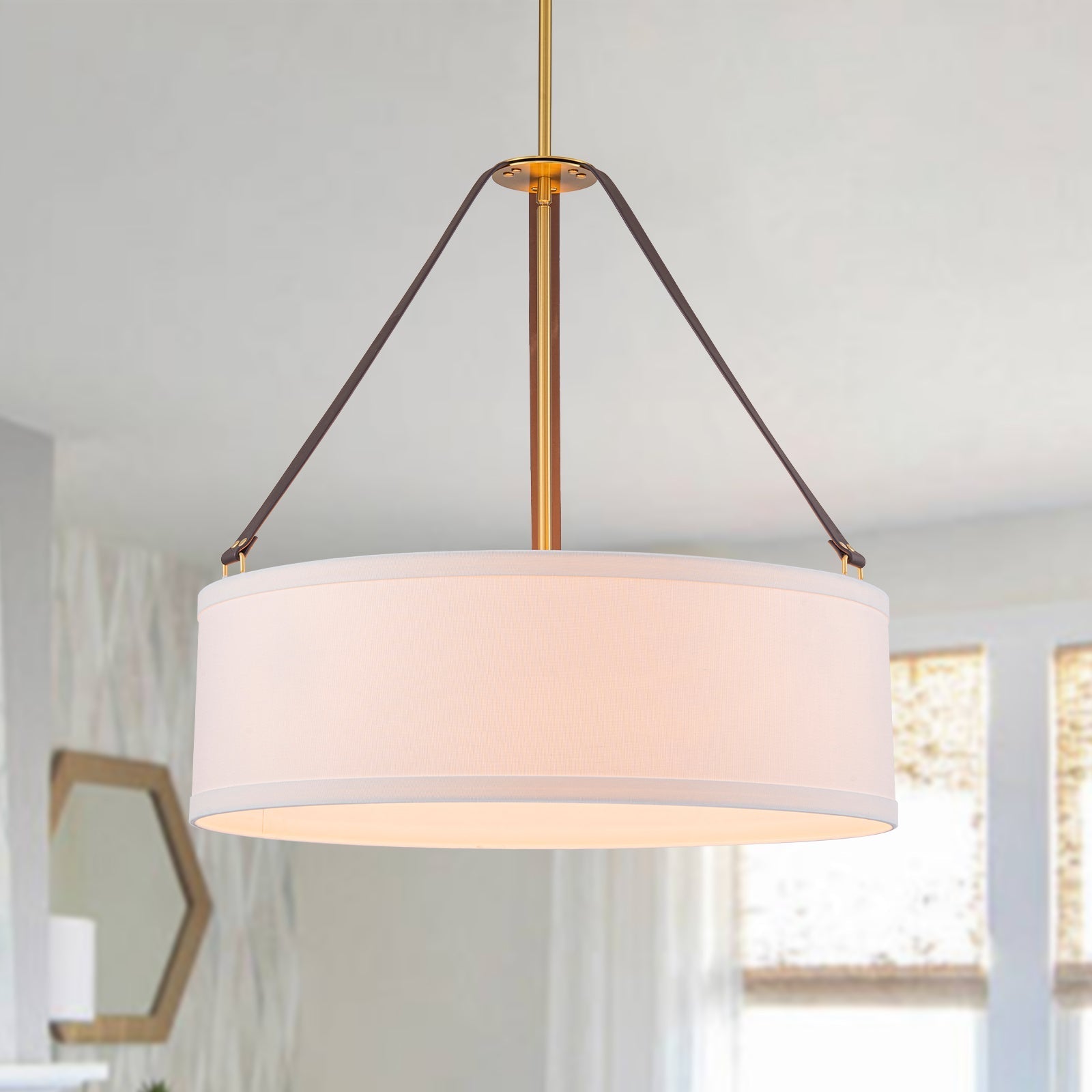 4-Light Brass White Linen Wide Drum Cage Pendant Light