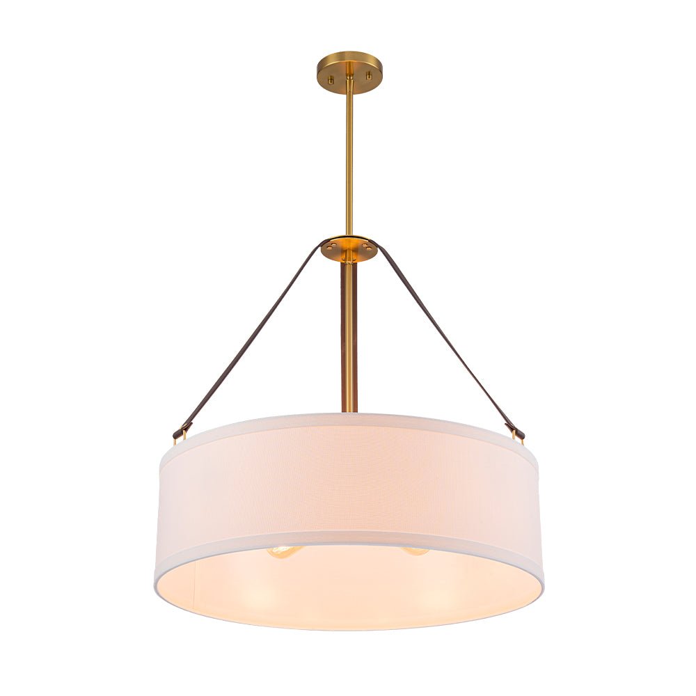 4-Light Brass White Linen Wide Drum Cage Pendant Light