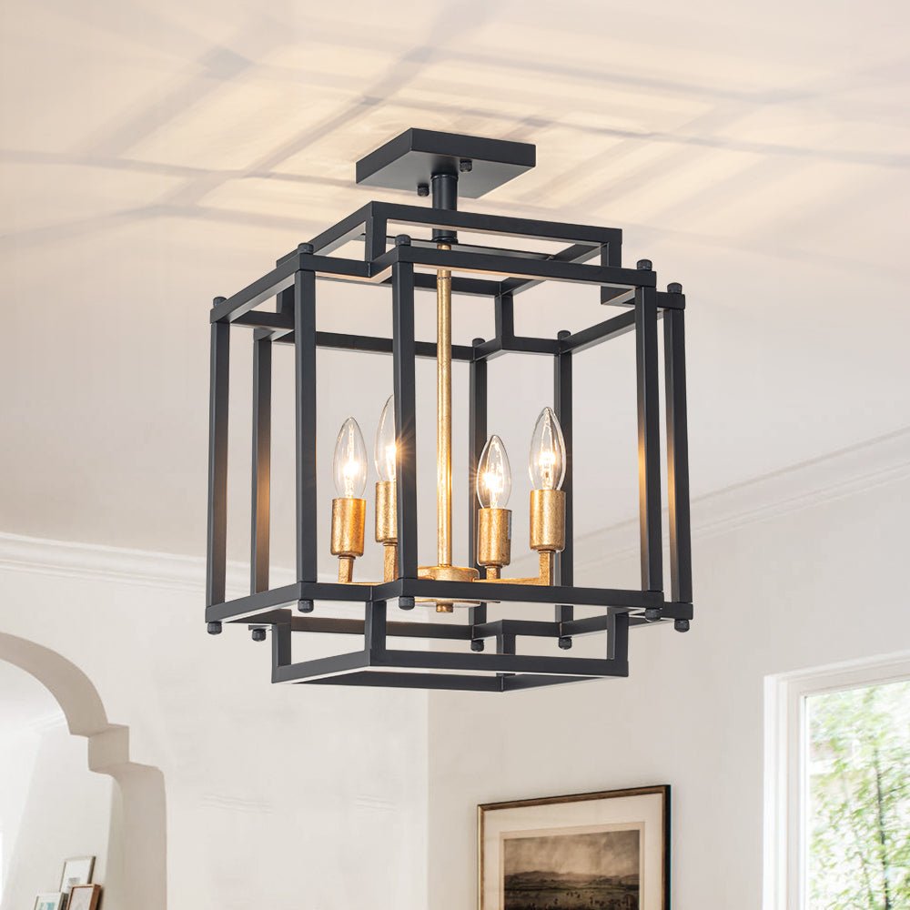4-Light Candle Style Square Lantern Semi Flush Ceiling Light