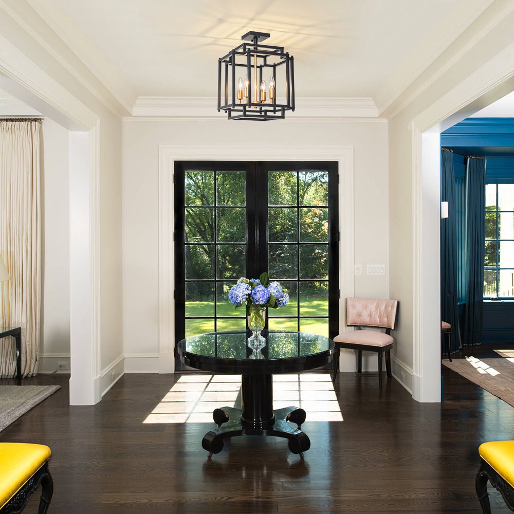 4-Light Candle Style Square Lantern Semi Flush Ceiling Light