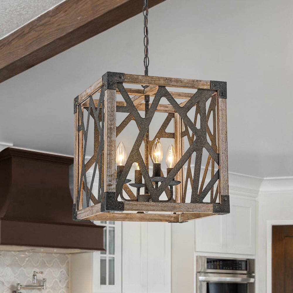 4-Light Distressed Wooden Square Cage Pendant Light