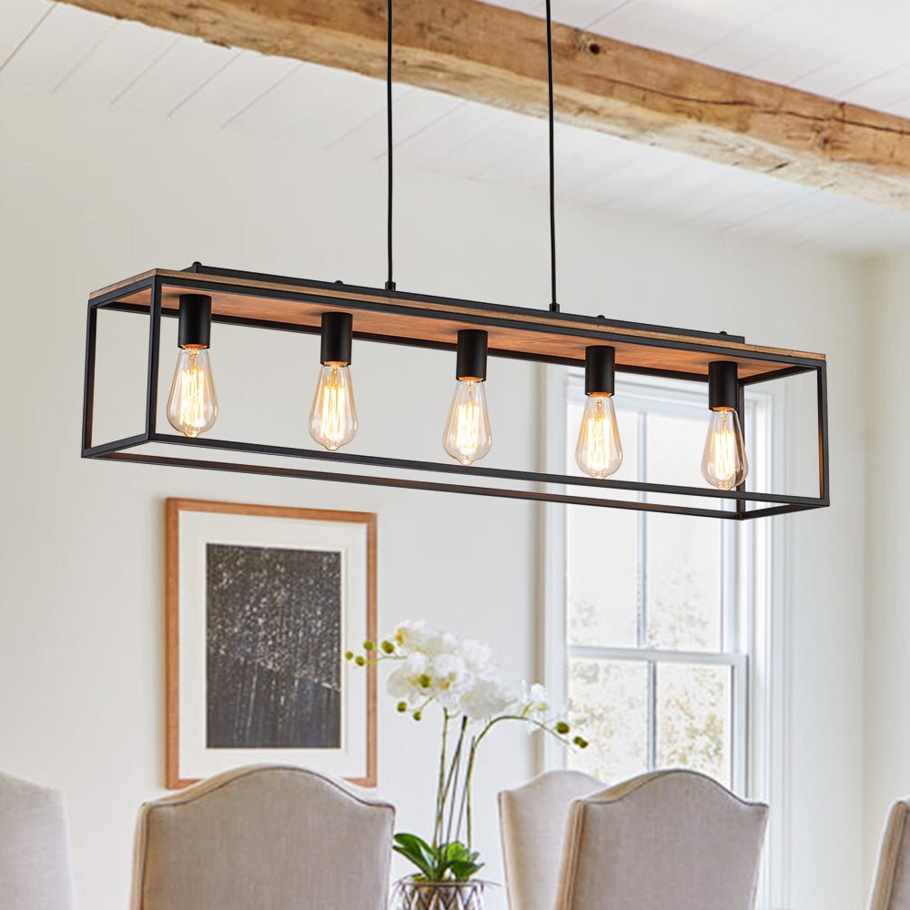 5-Light Aged Oak Iron Rectangle Cage Island Chandelier