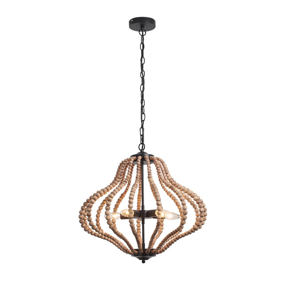 5-Light Bohemian Rustic Wood Bead Cage Pendant Light 