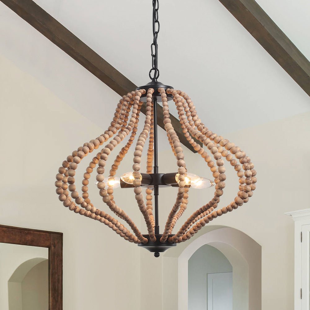 5-Light Bohemian Rustic Wood Bead Cage Pendant Light 