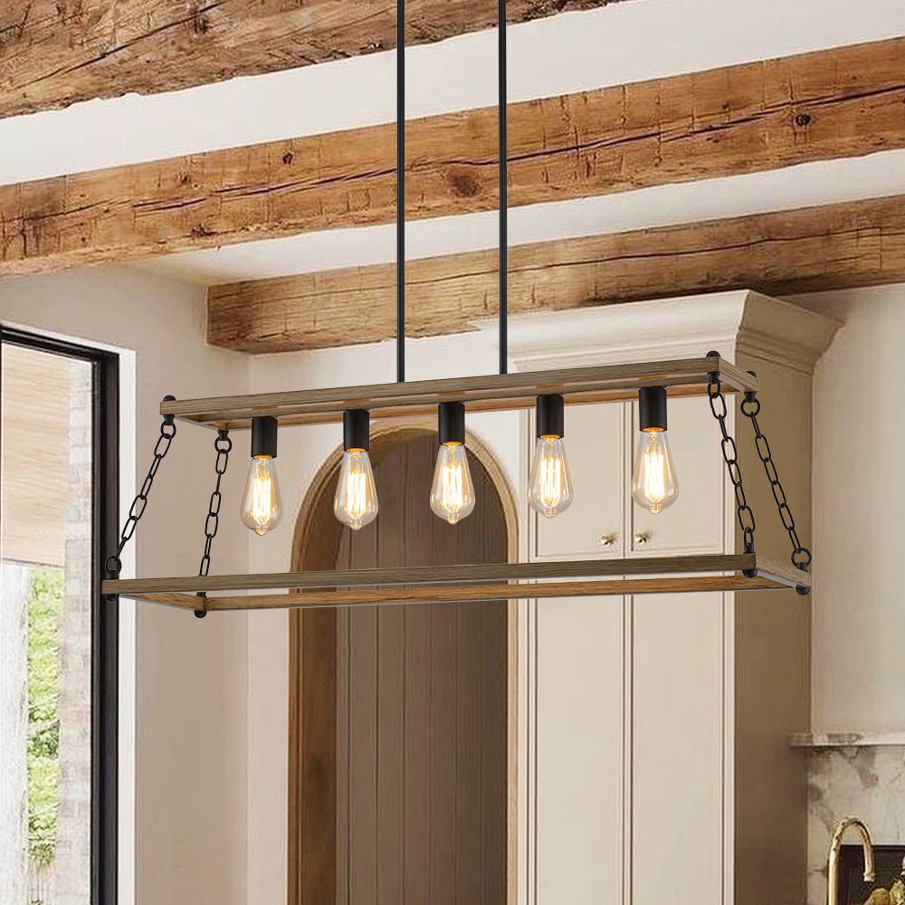 5-Light Trapezoid Wood Grain Chain Linear Island Chandelier