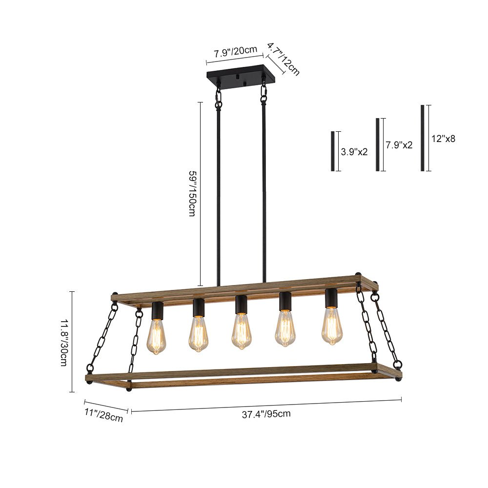 5-Light Trapezoid Wood Grain Chain Linear Island Chandelier
