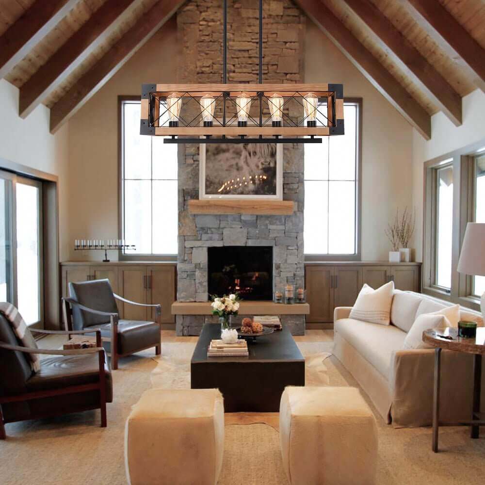 5-Light Wood Box Rectangle Chandelier Modern Farmhouse