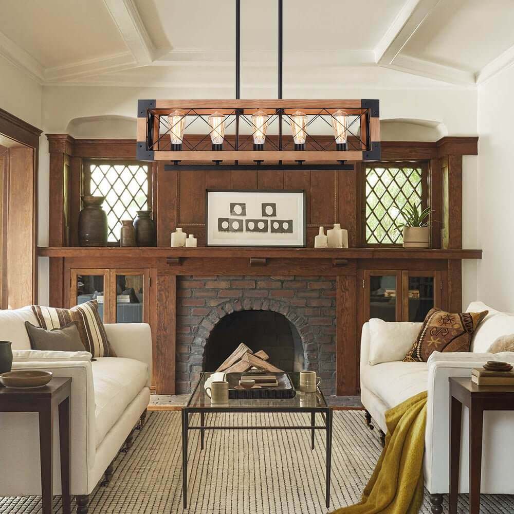 5-Light Wood Box Rectangle Chandelier Modern Farmhouse