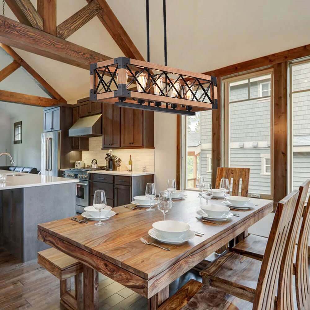 5-Light Wood Box Rectangle Chandelier Modern Farmhouse