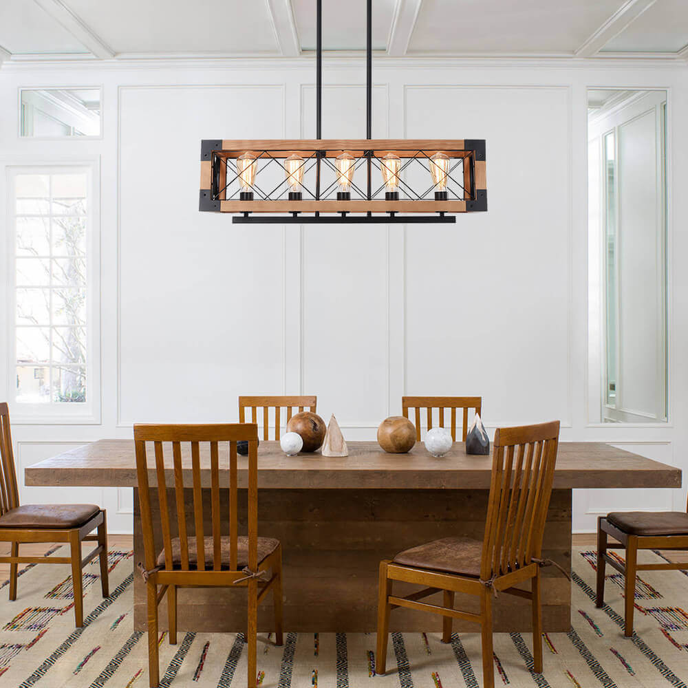 5-Light Wood Box Rectangle Chandelier Modern Farmhouse