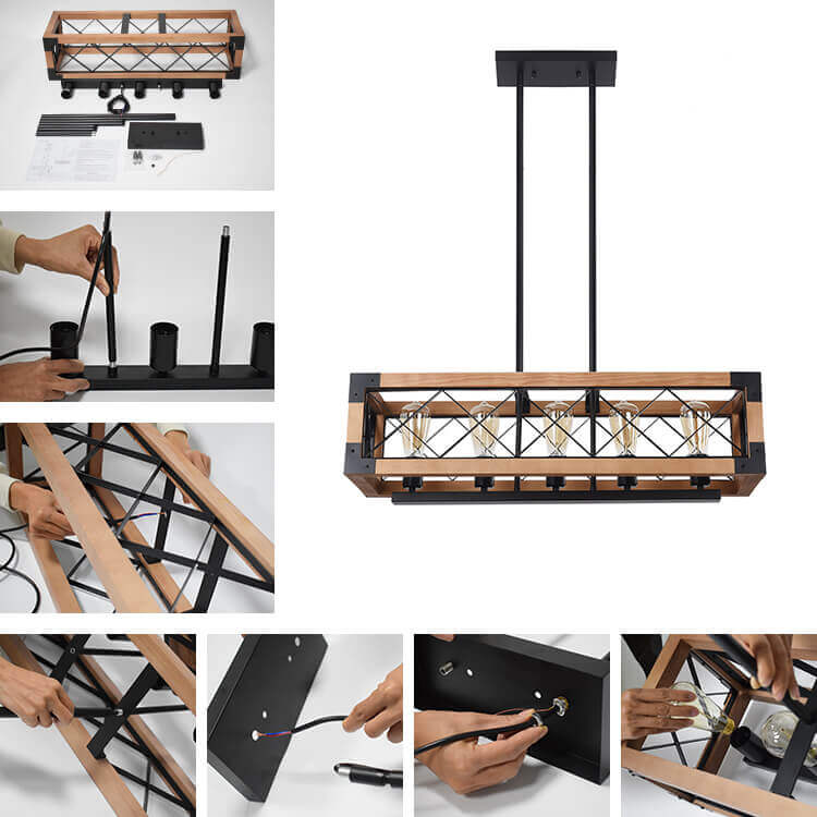 5-Light Wood Box Rectangle Chandelier Modern Farmhouse