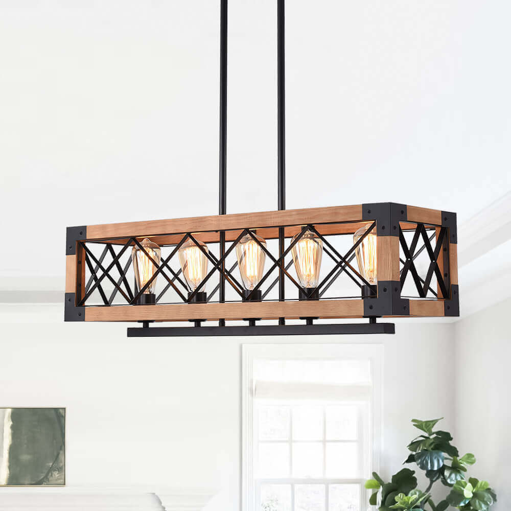 5-Light Wood Box Rectangle Chandelier Modern Farmhouse