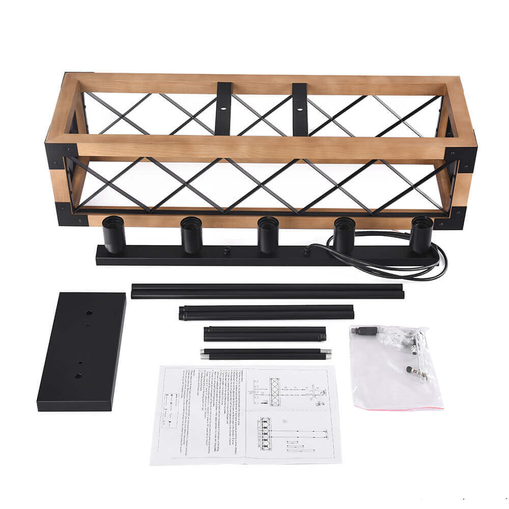 5-Light Wood Box Rectangle Chandelier Modern Farmhouse