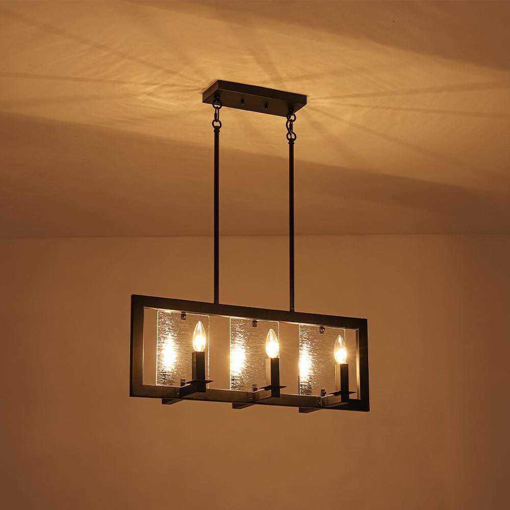 6-Light Candle Ripple Glass Black Rectangle Island Pendant