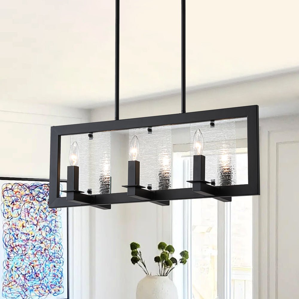6-Light Candle Ripple Glass Black Rectangle Island Pendant