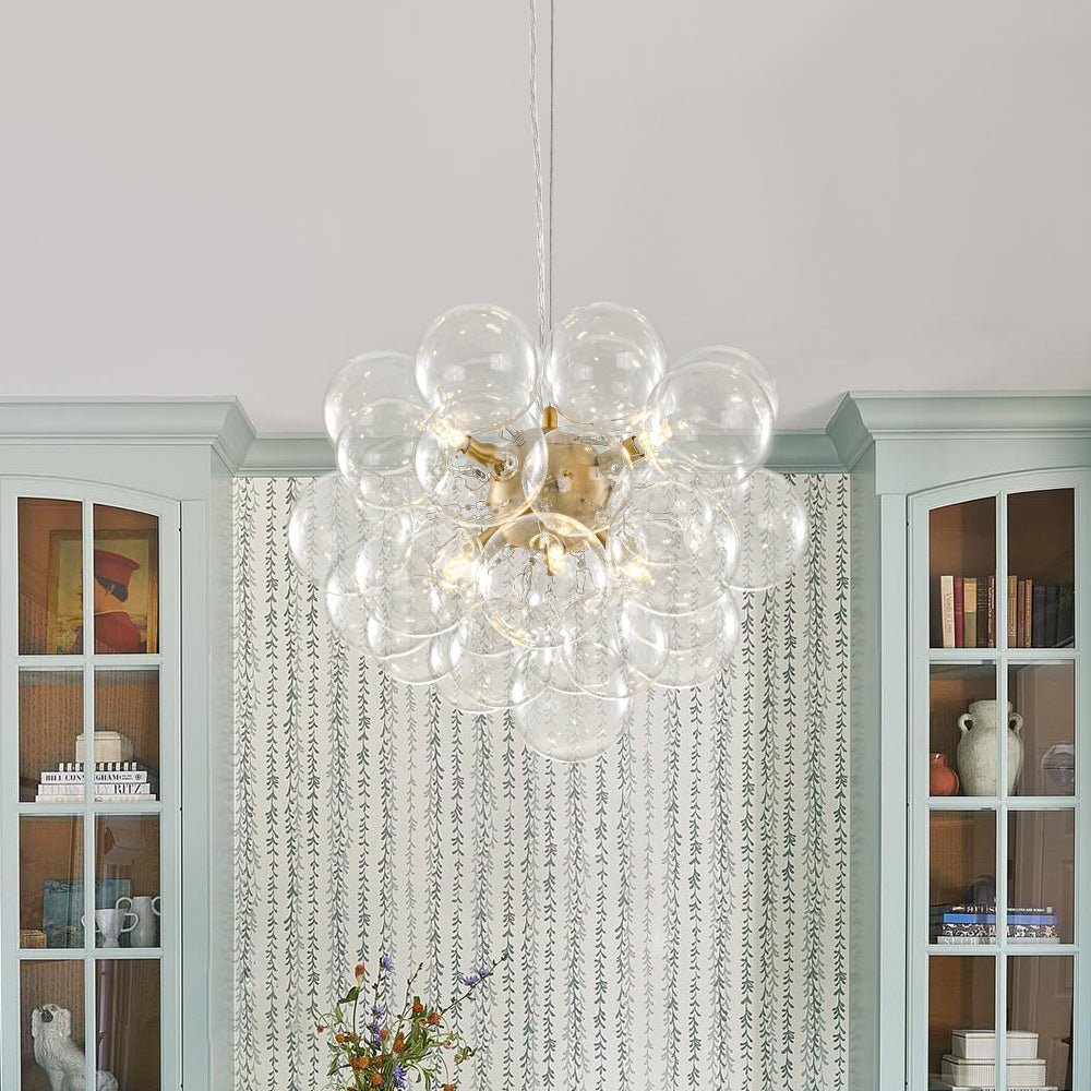 6-Light Dimmable Brass Cluster Clear Glass Bubble Sphere Chandelier