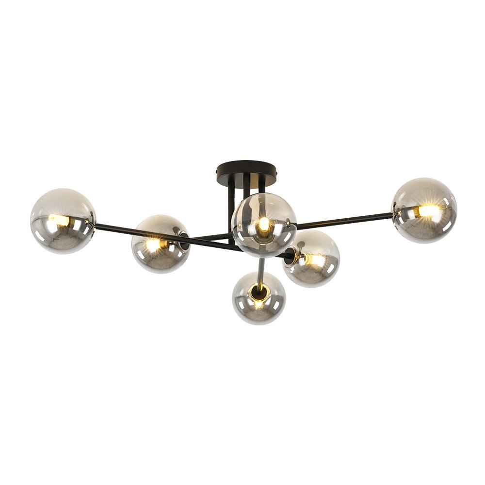 6-Light Smoked Glass Globe Linear Sputnik Semi Flush