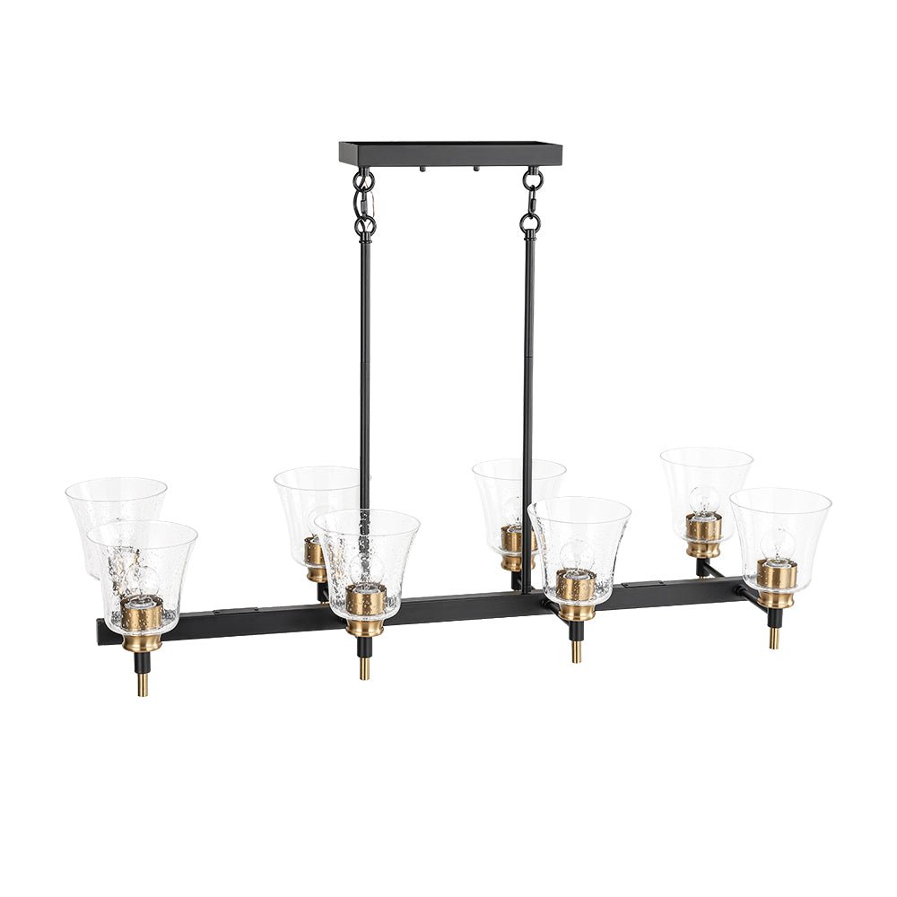 8-Light Seeded Glass Black Brass Linear Island Chandelier