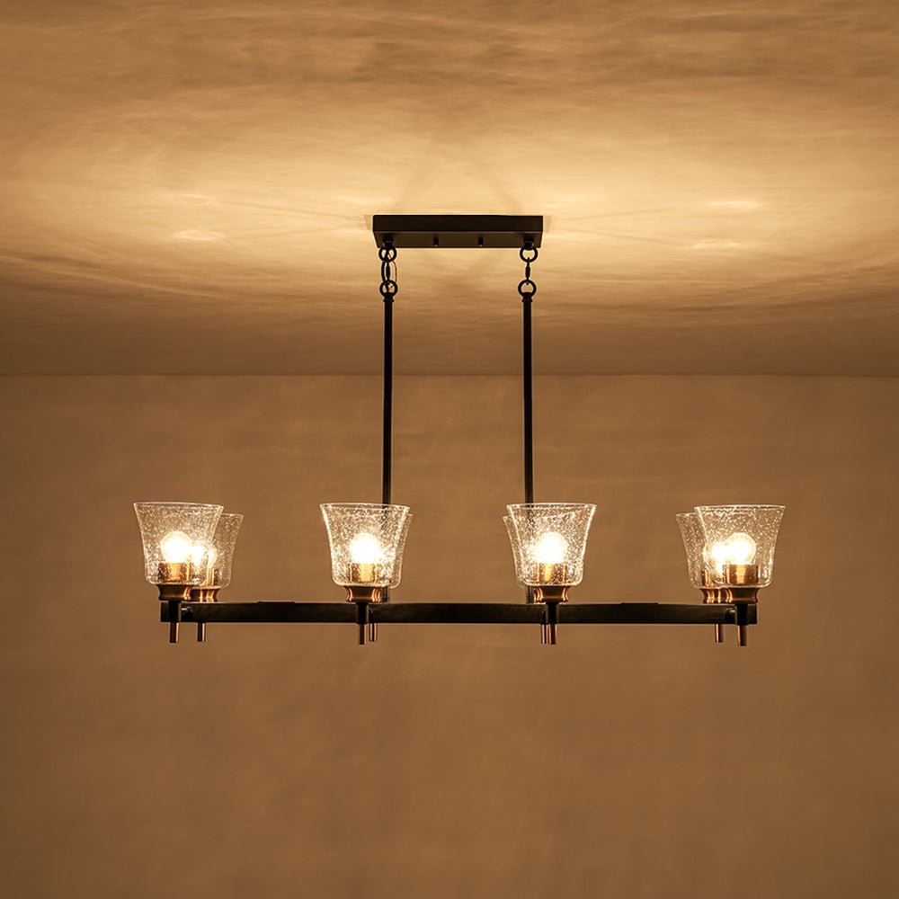 8-Light Seeded Glass Black Brass Linear Island Chandelier